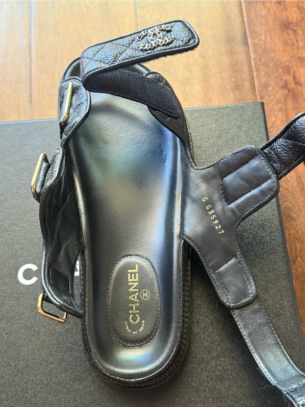 CHANEL Grained Calfskin Quilted Leather Velcro Dad Sandals 37 Black - AUTHENTIC